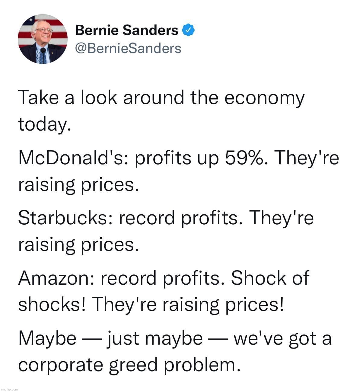 “Inflation” | image tagged in bernie sanders tweet,economy,economics,inflation,bernie sanders,corporate greed | made w/ Imgflip meme maker