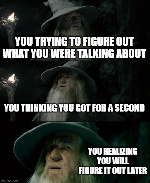 Confused Gandalf | YOU TRYING TO FIGURE OUT WHAT YOU WERE TALKING ABOUT; YOU THINKING YOU GOT FOR A SECOND; YOU REALIZING YOU WILL FIGURE IT OUT LATER | image tagged in memes,confused gandalf | made w/ Imgflip meme maker