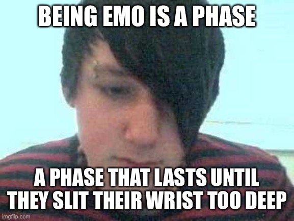 Jus bein real wit you all | BEING EMO IS A PHASE; A PHASE THAT LASTS UNTIL THEY SLIT THEIR WRIST TOO DEEP | image tagged in emo kid | made w/ Imgflip meme maker