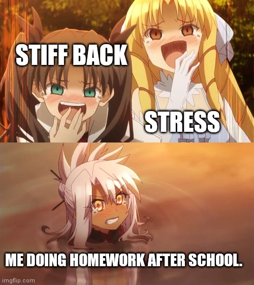 Can you guys relate? |  STIFF BACK; STRESS; ME DOING HOMEWORK AFTER SCHOOL. | image tagged in fate/kaleid 2wei meme,memes,anime,anime meme,loli,mud | made w/ Imgflip meme maker