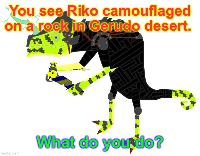 First video game based roleplay here. Get prepared for more. | You see Riko camouflaged on a rock in Gerudo desert. What do you do? | image tagged in the legend of zelda breath of the wild,electric,lizard,roleplaying | made w/ Imgflip meme maker