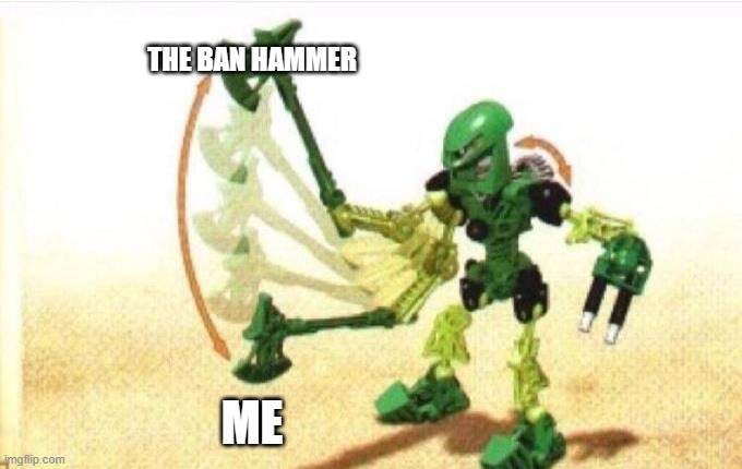 yay | THE BAN HAMMER; ME | image tagged in bionicle | made w/ Imgflip meme maker