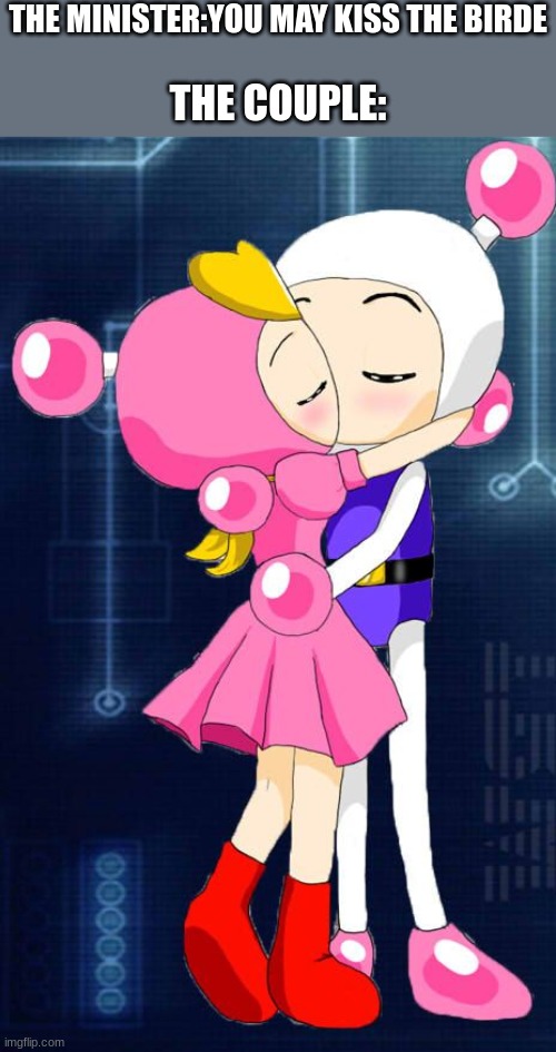 A wedding be like | THE MINISTER:YOU MAY KISS THE BIRDE; THE COUPLE: | image tagged in bomberman x pretty bomber,bomberman,cute,shipping | made w/ Imgflip meme maker