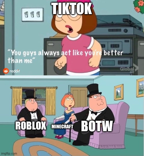 You Guys always act like you're better than me | TIKTOK; BOTW; ROBLOX; MINECRAFT | image tagged in funny,memes,tiktok sucks,botw,roblox,minecraft | made w/ Imgflip meme maker