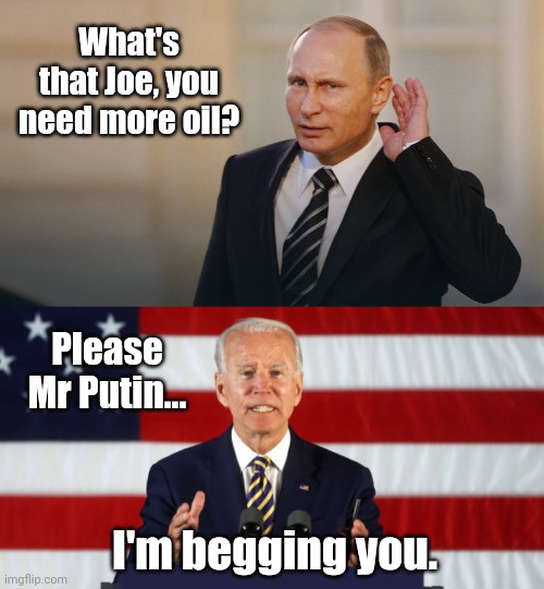 Biden isn't the only one begging Putin for oil. | What's that Joe, you need more oil? Please Mr Putin... I'm begging you. | image tagged in memes | made w/ Imgflip meme maker