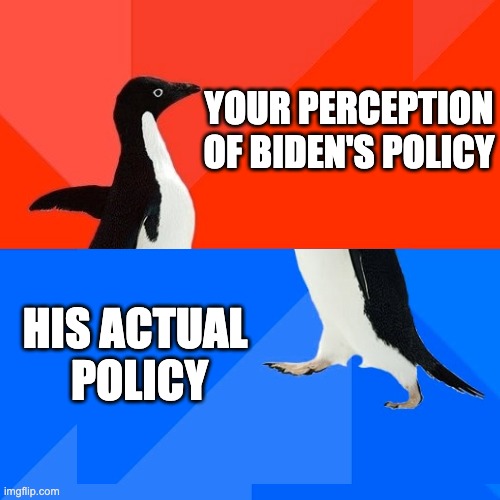 Socially Awesome Awkward Penguin Meme | YOUR PERCEPTION OF BIDEN'S POLICY HIS ACTUAL 
POLICY | image tagged in memes,socially awesome awkward penguin | made w/ Imgflip meme maker