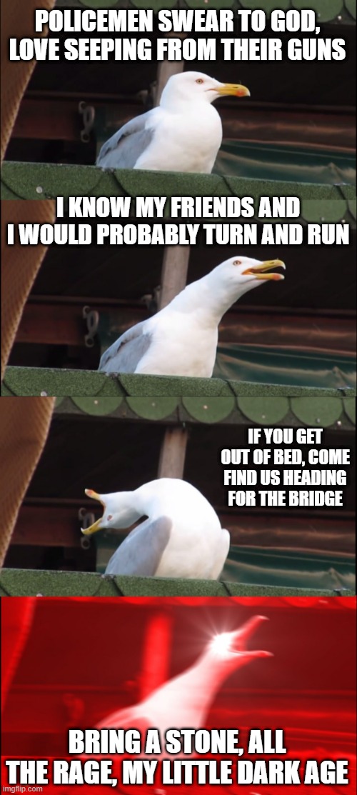 MGMT | POLICEMEN SWEAR TO GOD, LOVE SEEPING FROM THEIR GUNS; I KNOW MY FRIENDS AND I WOULD PROBABLY TURN AND RUN; IF YOU GET OUT OF BED, COME FIND US HEADING FOR THE BRIDGE; BRING A STONE, ALL THE RAGE, MY LITTLE DARK AGE | image tagged in memes,inhaling seagull | made w/ Imgflip meme maker