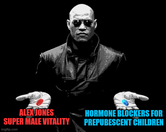 culture war | HORMONE BLOCKERS FOR
PREPUBESCENT CHILDREN; ALEX JONES
SUPER MALE VITALITY | image tagged in morpheus matrix blue pill red pill,matrix,morpheus,red pill,lgbt,alex jones | made w/ Imgflip meme maker