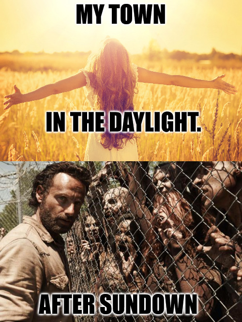 As Different as Night and Day | MY TOWN; IN THE DAYLIGHT. AFTER SUNDOWN | image tagged in sunny day,zombies | made w/ Imgflip meme maker