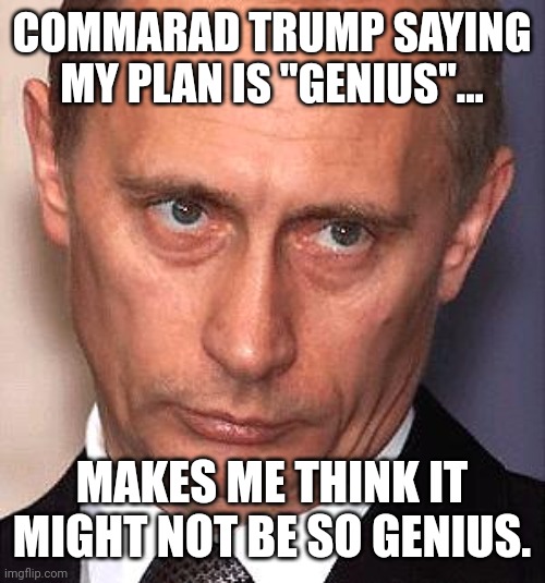 Doubtful Putin | COMMARAD TRUMP SAYING MY PLAN IS "GENIUS"... MAKES ME THINK IT MIGHT NOT BE SO GENIUS. | image tagged in putin,trump,ukraine,republican,conservative,russia | made w/ Imgflip meme maker