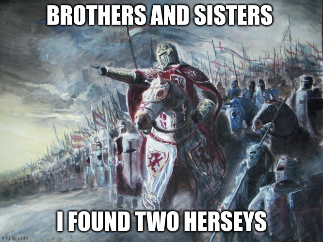 I found them | BROTHERS AND SISTERS; I FOUND TWO HERSEYS | image tagged in crusader,hersey,for real,oh wow are you actually reading these tags,stop reading the tags | made w/ Imgflip meme maker