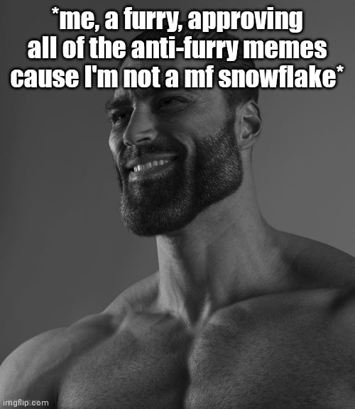 Giga Chad | *me, a furry, approving all of the anti-furry memes cause I'm not a mf snowflake* | image tagged in giga chad | made w/ Imgflip meme maker