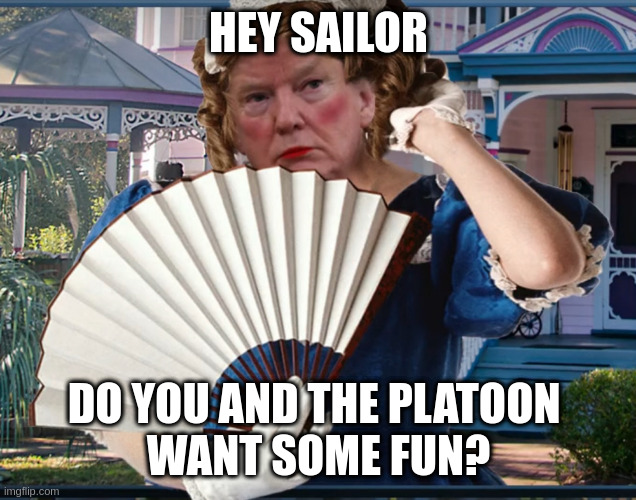 He'lll do anything to escape from prison | HEY SAILOR DO YOU AND THE PLATOON 
WANT SOME FUN? | image tagged in southern belle trumpette | made w/ Imgflip meme maker