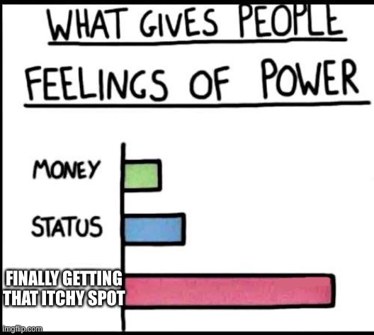 E | FINALLY GETTING THAT ITCHY SPOT | image tagged in power bar graph | made w/ Imgflip meme maker