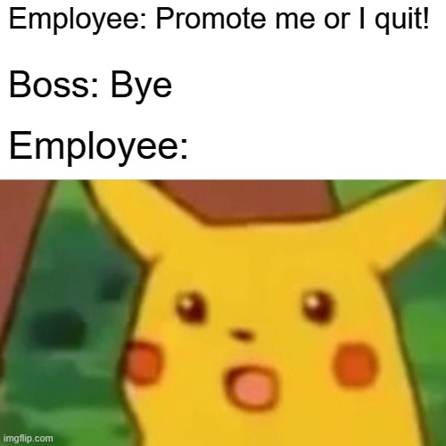 Surprised Pikachu | Employee: Promote me or I quit! Boss: Bye; Employee: | image tagged in memes,surprised pikachu | made w/ Imgflip meme maker