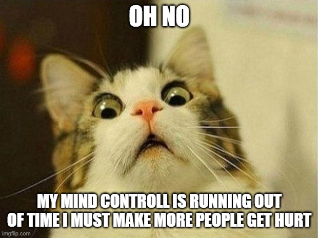 Scared Cat Meme | OH NO MY MIND CONTROLL IS RUNNING OUT OF TIME I MUST MAKE MORE PEOPLE GET HURT | image tagged in memes,scared cat | made w/ Imgflip meme maker