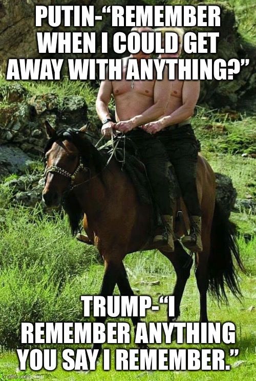 Trump Putin | PUTIN-“REMEMBER WHEN I COULD GET AWAY WITH ANYTHING?”; TRUMP-“I REMEMBER ANYTHING YOU SAY I REMEMBER.” | image tagged in trump putin | made w/ Imgflip meme maker