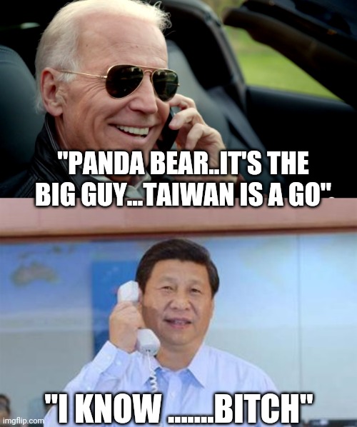 "PANDA BEAR..IT'S THE BIG GUY...TAIWAN IS A GO"; "I KNOW .......BITCH" | image tagged in biden sunglasses phone,xi jinping | made w/ Imgflip meme maker