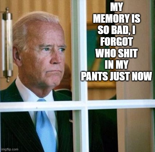 fjb | MY MEMORY IS SO BAD, I FORGOT WHO SHIT IN MY PANTS JUST NOW | image tagged in sad joe biden | made w/ Imgflip meme maker