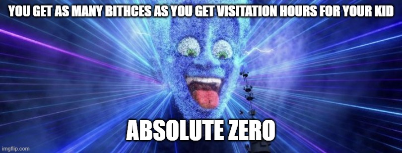 absolute zero | YOU GET AS MANY BITHCES AS YOU GET VISITATION HOURS FOR YOUR KID; ABSOLUTE ZERO | image tagged in as many bitches as | made w/ Imgflip meme maker