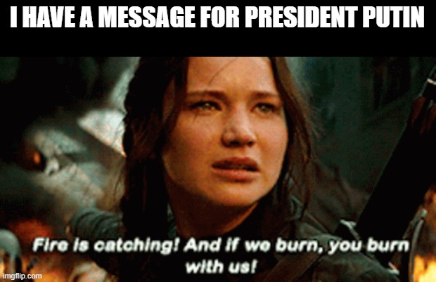 If We Burn, You Burn With Us |  I HAVE A MESSAGE FOR PRESIDENT PUTIN | image tagged in katniss everdeen,katniss,hunger games,putin,vladimir putin | made w/ Imgflip meme maker