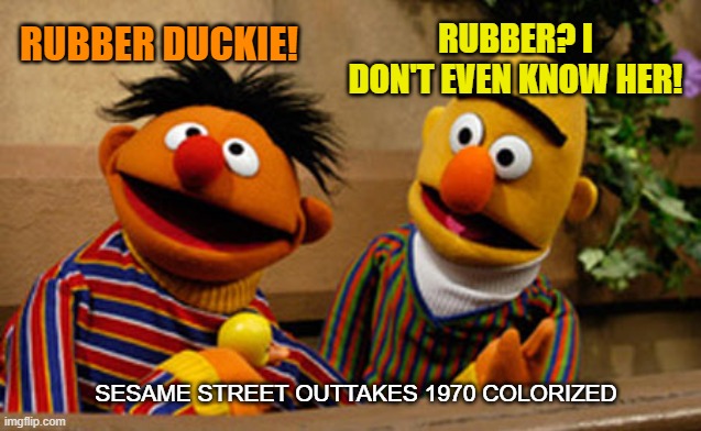 Then the crew lost it | RUBBER? I DON'T EVEN KNOW HER! RUBBER DUCKIE! SESAME STREET OUTTAKES 1970 COLORIZED | image tagged in bert and ernie,memes,sesame street,rubber duckie,outtakes | made w/ Imgflip meme maker