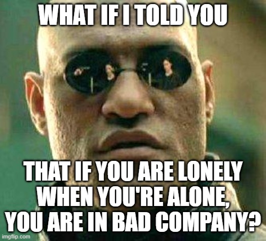 It's A Jean-Paul Sartre Quote | WHAT IF I TOLD YOU; THAT IF YOU ARE LONELY
WHEN YOU'RE ALONE,
YOU ARE IN BAD COMPANY? | image tagged in what if i told you,lonely,alone,company,philosophy,existentialism | made w/ Imgflip meme maker
