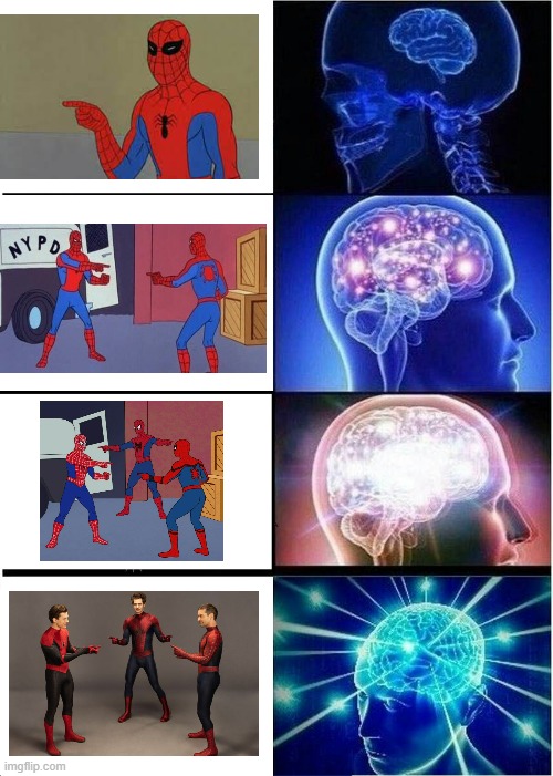 They finally did the thing | image tagged in memes,expanding brain,spiderman,peter parker,they did it,no way home | made w/ Imgflip meme maker
