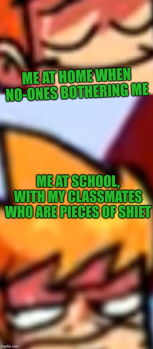 School is hard... | ME AT HOME WHEN NO-ONES BOTHERING ME; ME AT SCHOOL, WITH MY CLASSMATES WHO ARE PIECES OF SHIET | image tagged in matt is mad | made w/ Imgflip meme maker