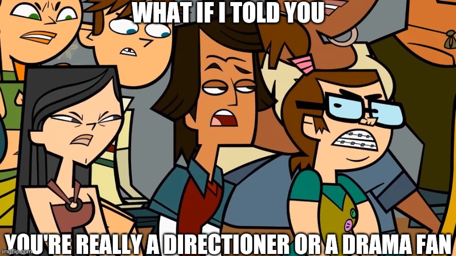 Directioner or Drama fan | WHAT IF I TOLD YOU; YOU'RE REALLY A DIRECTIONER OR A DRAMA FAN | image tagged in angry teammates glare at a opponent,one direction,total drama | made w/ Imgflip meme maker