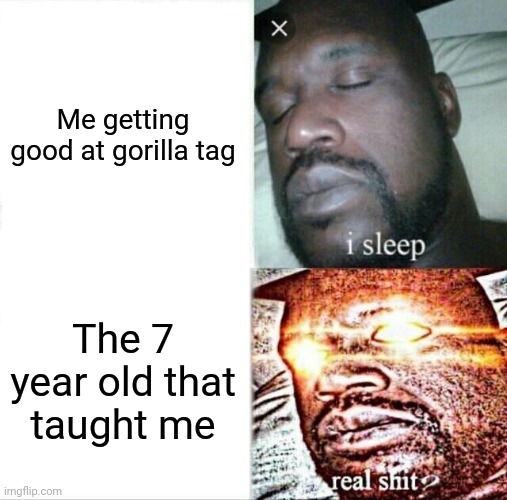 A legend | Me getting good at gorilla tag; The 7 year old that taught me | image tagged in memes,sleeping shaq | made w/ Imgflip meme maker