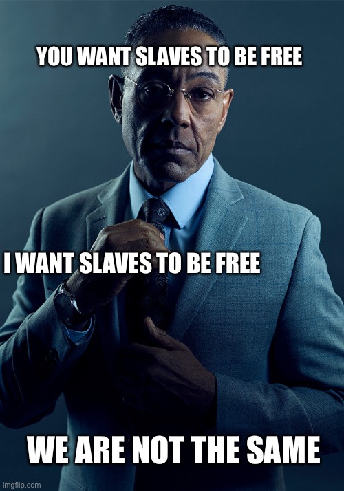 Think about it... | YOU WANT SLAVES TO BE FREE; I WANT SLAVES TO BE FREE; WE ARE NOT THE SAME | image tagged in gus fring we are not the same,memes,funny,advanced humor,dark humor | made w/ Imgflip meme maker