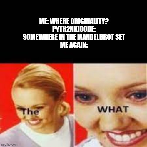 The What | ME: WHERE ORIGINALITY?
PYTH2NKICODE: SOMEWHERE IN THE MANDELBROT SET
ME AGAIN: | image tagged in the what | made w/ Imgflip meme maker