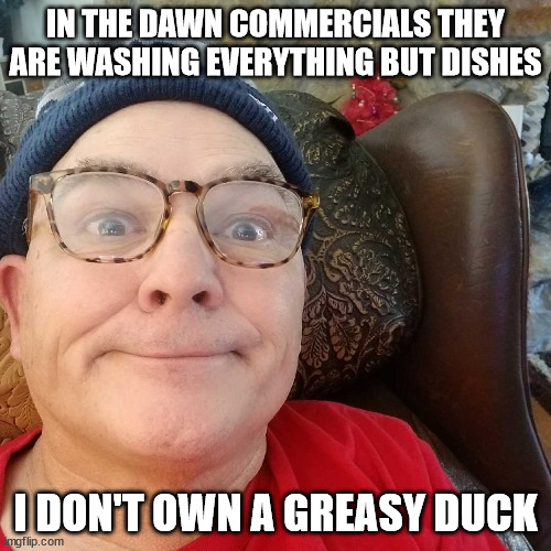 Greasy Duck | IN THE DAWN COMMERCIALS THEY ARE WASHING EVERYTHING BUT DISHES; I DON'T OWN A GREASY DUCK | image tagged in durl earl | made w/ Imgflip meme maker