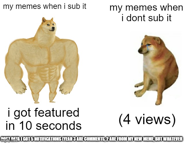 Thats what i learned | my memes when i sub it; my memes when i dont sub it; i got featured in 10 seconds; (4 views); POST DATA I GOT 5 NOTIFICATIONS (YEAH 3 ARE COMMENTS, 2 ARE FROM MY NEW MEME, BUT WHATEVER | image tagged in memes,buff doge vs cheems | made w/ Imgflip meme maker