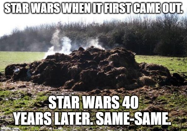 Steaming pile of shit | STAR WARS WHEN IT FIRST CAME OUT. STAR WARS 40 YEARS LATER. SAME-SAME. | image tagged in steaming pile of shit | made w/ Imgflip meme maker