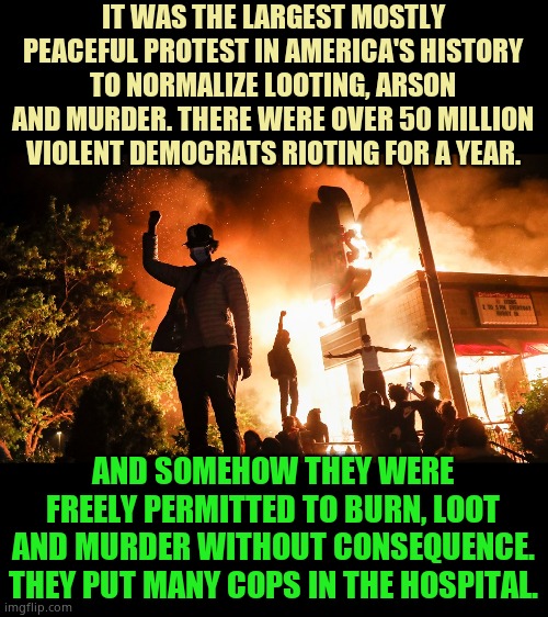 BLM Riots | IT WAS THE LARGEST MOSTLY PEACEFUL PROTEST IN AMERICA'S HISTORY TO NORMALIZE LOOTING, ARSON AND MURDER. THERE WERE OVER 50 MILLION VIOLENT DEMOCRATS RIOTING FOR A YEAR. AND SOMEHOW THEY WERE FREELY PERMITTED TO BURN, LOOT AND MURDER WITHOUT CONSEQUENCE. THEY PUT MANY COPS IN THE HOSPITAL. | image tagged in blm riots | made w/ Imgflip meme maker