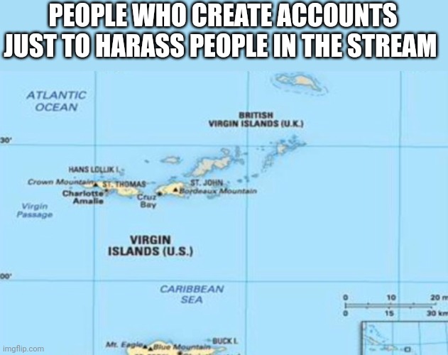 Virgin islands | PEOPLE WHO CREATE ACCOUNTS JUST TO HARASS PEOPLE IN THE STREAM | image tagged in virgin islands | made w/ Imgflip meme maker