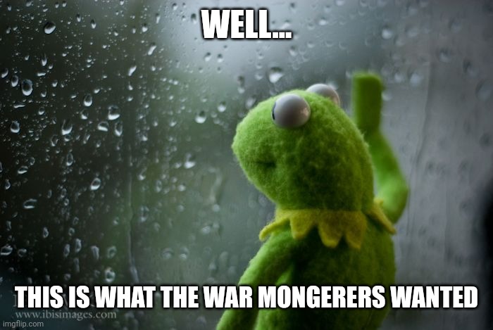 Russia attacks Ukraine's major cities and all the war mongerers cheer. Ukraine's borders: protect. U.s. borders: destroy. Got it | WELL... THIS IS WHAT THE WAR MONGERERS WANTED | image tagged in kermit window | made w/ Imgflip meme maker