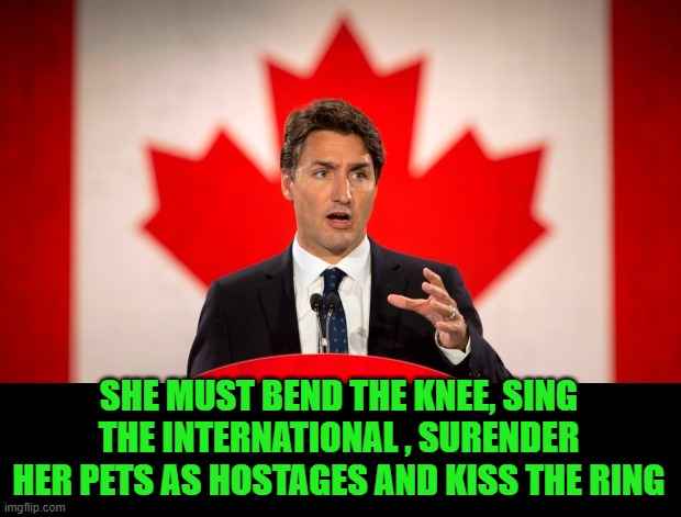 Justin Trudeau | SHE MUST BEND THE KNEE, SING THE INTERNATIONAL , SURENDER HER PETS AS HOSTAGES AND KISS THE RING | image tagged in justin trudeau | made w/ Imgflip meme maker