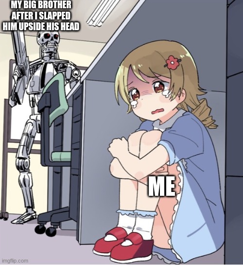 this is so true | MY BIG BROTHER AFTER I SLAPPED HIM UPSIDE HIS HEAD; ME | image tagged in anime girl hiding from terminator,so true memes | made w/ Imgflip meme maker