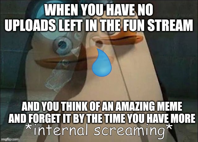I'm deppres ples help |  WHEN YOU HAVE NO UPLOADS LEFT IN THE FUN STREAM; AND YOU THINK OF AN AMAZING MEME AND FORGET IT BY THE TIME YOU HAVE MORE | image tagged in private internal screaming | made w/ Imgflip meme maker