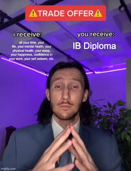 IB Diploma | all your time, your life, your mental health, your physical health, your sleep, your happiness, confidence in your work, your self esteem, etc. IB Diploma | image tagged in trade offer | made w/ Imgflip meme maker