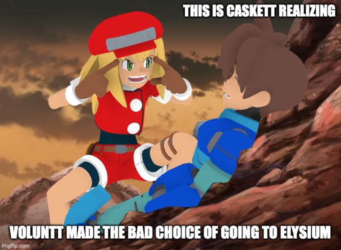 Mega Man Legends Think Mark Meme | THIS IS CASKETT REALIZING; VOLUNTT MADE THE BAD CHOICE OF GOING TO ELYSIUM | image tagged in memes,megaman,megaman legends | made w/ Imgflip meme maker