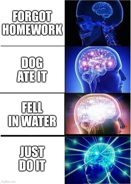 The homework brain mode | FORGOT HOMEWORK; DOG ATE IT; FELL IN WATER; JUST DO IT | image tagged in memes,expanding brain | made w/ Imgflip meme maker