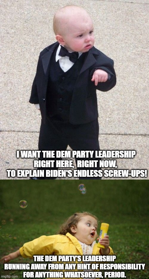 Let's tell it like it is. | I WANT THE DEM PARTY LEADERSHIP RIGHT HERE,  RIGHT NOW, 
 TO EXPLAIN BIDEN'S ENDLESS SCREW-UPS! THE DEM PARTY'S LEADERSHIP RUNNING AWAY FROM ANY HINT OF RESPONSIBILITY FOR ANYTHING WHATSOEVER, PERIOD. | image tagged in responsibility | made w/ Imgflip meme maker