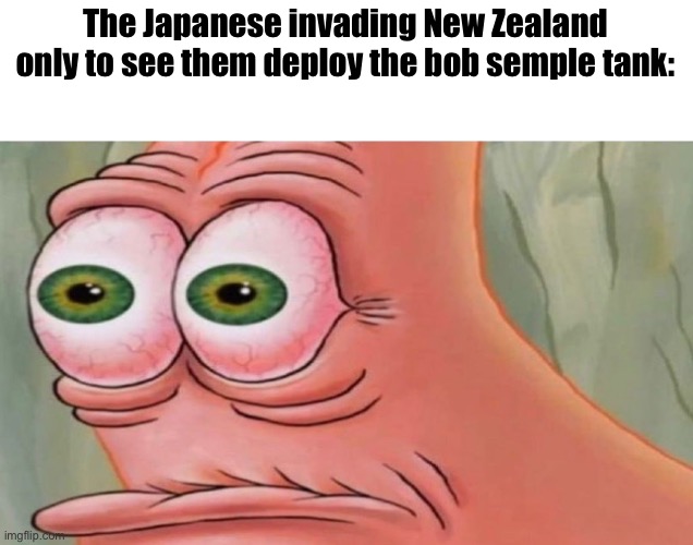 a | The Japanese invading New Zealand only to see them deploy the bob semple tank: | image tagged in patrick stare | made w/ Imgflip meme maker