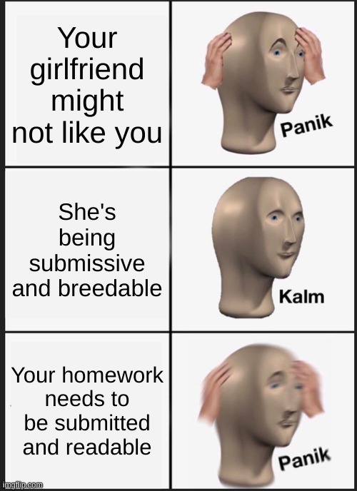 Homework or girfriend | Your girlfriend might not like you; She's being submissive and breedable; Your homework needs to be submitted and readable | image tagged in memes,panik kalm panik | made w/ Imgflip meme maker