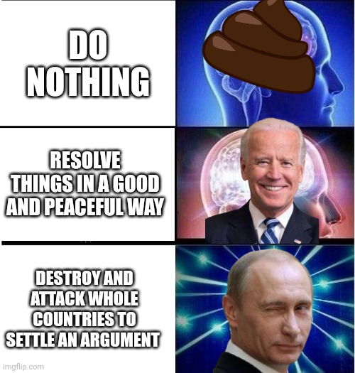 RALÖL | DO NOTHING; RESOLVE THINGS IN A GOOD AND PEACEFUL WAY; DESTROY AND ATTACK WHOLE COUNTRIES TO SETTLE AN ARGUMENT | image tagged in expanding brain 3 panels | made w/ Imgflip meme maker