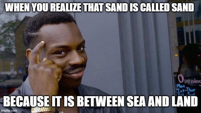 Roll Safe Think About It Meme | WHEN YOU REALIZE THAT SAND IS CALLED SAND; BECAUSE IT IS BETWEEN SEA AND LAND | image tagged in memes,roll safe think about it | made w/ Imgflip meme maker